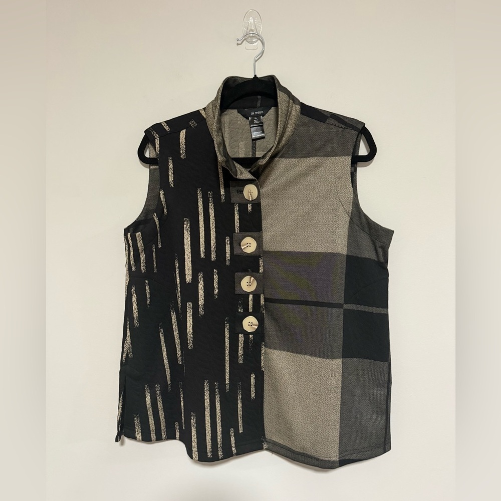 Ali Miles Abstract Black Tan Button-Up Vest Size Large Petite Lagenlook Artsy